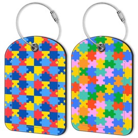 2 Pack Luggage Tag for Suitcase Colorful Jigsaw Puzzle Leather Suitcase Tags with Privacy Name ID Label and Stainless Steel Loop for Travel Bag Suitcase