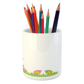 Ambesonne Easter Pencil Pen Holder, Spring Illustration with Abstract Flourishing Tree Leaves and Flowers Animal Pattern, Printed Ceramic Pencil Pen Holder for Desk Office Accessory, Multicolor