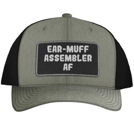 Ear-Muff Assembler AF - Leather Black Patch Engraved Trucker Hat, Heather-Black, One Size