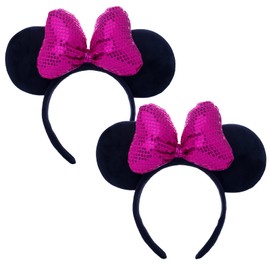 CHuangQi Pack of 2 Rose red 3D Bow Mouse Ears Headband, Double-sided Sequins Bow, Lady/Girl Headwear for Party, Amusement Park