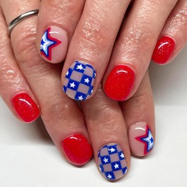 SINSEN Independence Day Press on Nails Short, Acrylic Square Fake Nails, Short 4th of July Press on Nails, Blue Red Glue on Nails with Designs, 24Pcs (Star Design 1)
