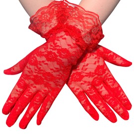 Lansonee A Pair of Short Lace Gloves, Rose Lace Design Ladies Wedding Dinner Gloves Wedding Party - Red