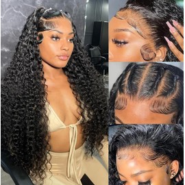 Leximi 13x6 Deep Wave Lace Front Wigs Human Hair 220 Density Deep Curly Lace Front Wigs Human Hair Glueless Transparent Lace Frontal Wig for Women Pre Plucked with Baby Hair Natural Black (28 Inch)