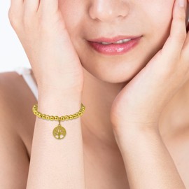 MILAKOO Gold Bead Bracelets for Women 4/6 mm Steel Stretch Ball Bracelet Gold Friendship Bracelet with Shell Beads Pendant, Alloy Steel, No gemstone