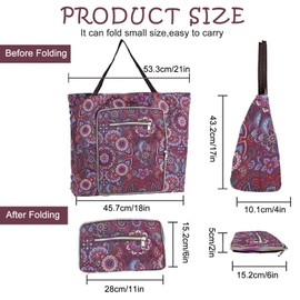 ICOUVA Large Waterproof Beach Tote Bag with Zip and Pockets for Women,2 In 1 Reusable Foldable Tote Bag for Shopping Yoga Travel Beach Daily Use Travel Gym Yoga Swim-Bohemian Purple
