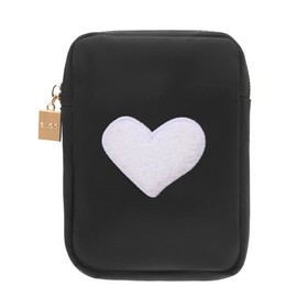 BLOC Bags Travel Makeup Bag, Cosmetic Bags for Women, Mini Makeup Bag, Cute Toiletry Bag, Beauty Bag with Chenille Patch, with Inside Zipper Pouch and Mesh Pockets (White Heart, Black)