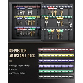 Uniclife 60 Position Key Cabinet Steel Security Storage Box with Combination & Key Lock, Resettable, Digital, Adjustable Racks, Colorful Labels & Hooks