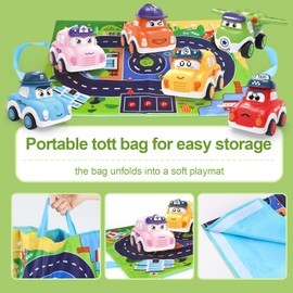 Baby Pull Back Cars for Toddler,Toy Cars for 1 2 3 Years Old Boy Girl,6 Pieces Mini Push and Go Vehicles Friction Power Car Toys with Play Mat and Storage Bag for Kids Children Gift