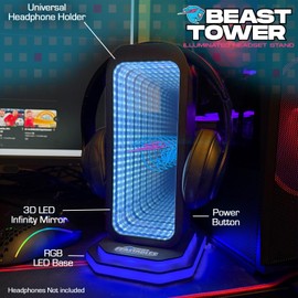 Feastables Beast Tower MrBeast Gaming Headphone Stand | RGB Light Display with Infinity Mirror Effect and Logo | Universal Headset Holder; USB Powered Desk Computer Accessory for Gamers and Streamers