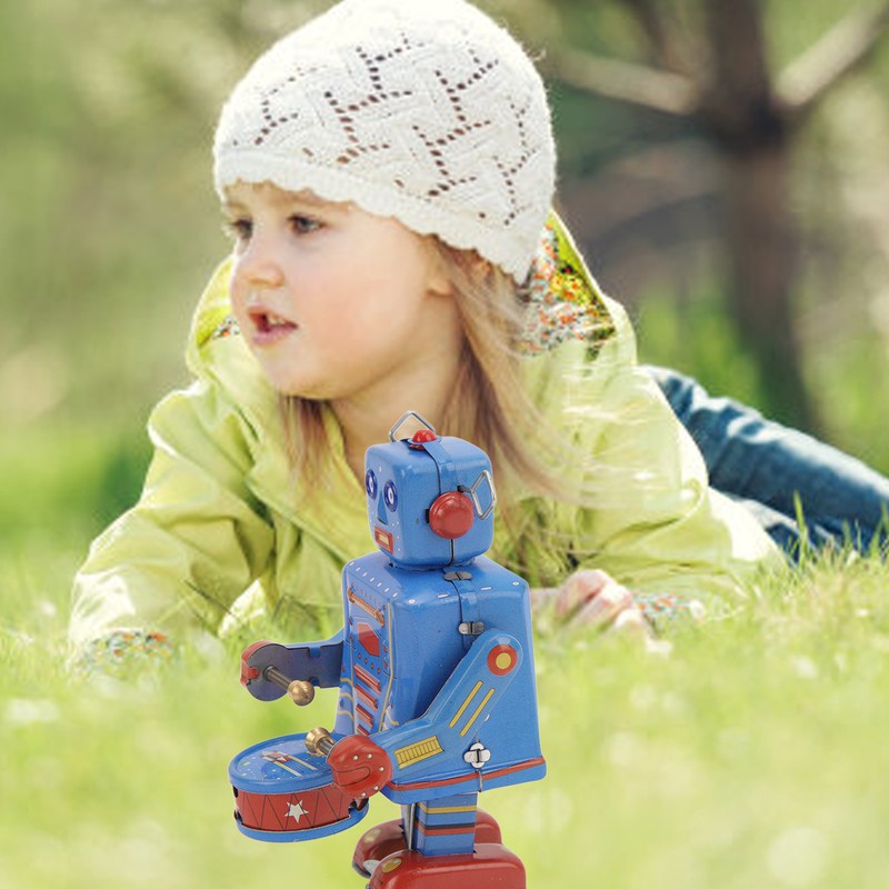 Clockwork Drumming Robot Toy Tinplate Retro Hand Made Drum Wind