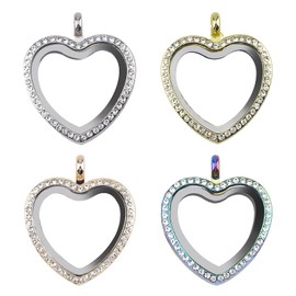 WANDIC Rhinestone Photo Charm, 4 Pcs 4 Colors Heart Crystal Photo Pendant Bridal Wedding Bouquet Charms Living Floating Memory Locket for 2 Pictures