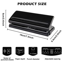 6 Hole Punch, 6-Way Metal Organiser Punch, Office Hole Punch, 6 Hole Punch Binder Puncher, Adjustable Spacing Hole Punch Made of Metal, Binder Hole Punch, Paper Cards, Photo Binding Hole Punch Machine