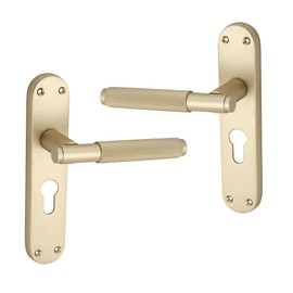 Infinity Decor Satin Brass Knurled Euro Lever Lock Door Handle on Backplate Set 185mm x 45mm Passage Door Pulls – Suitable for All Internal & External Door