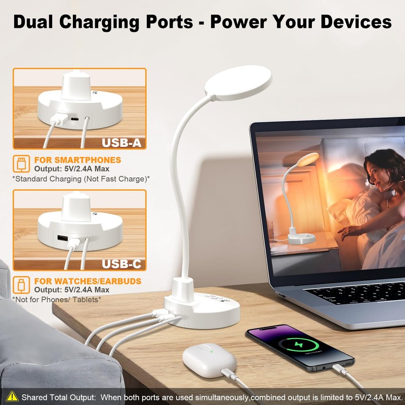 15W LED Desk Lamp with USB Charging Ports – Dimmable