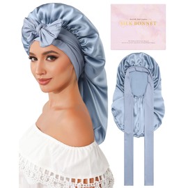 AWAYTR Silk Bonnet for Long Hair - 100% Mulberry Silk Bonnet for Sleeping Women or Kids with Adjustable Elastic Band (Haze Blue)