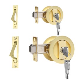 Dontay Pocket Door Keyed Lock with Handles, Round Contemporary Entrance Sliding Barn Door Lock Latch, Recessed 2 Sided, 2-3/8 inch Backset, Flush Handles Hardware (2, Satin Brass)
