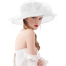 RZTA Women's Kentucky Derby Church Dress Hat Wide Brim Leaf Flower Bridal Shower Hat C3 White