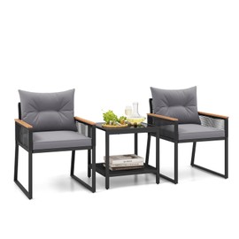 HAPPYGRILL 3 Pieces Patio Furniture Set PE Rattan Wicker Chairs with 2 Tier Coffee Table, Soft Back and Seat Cushions, Outdoor Conversation Set for Backyard, Garden and Poolside