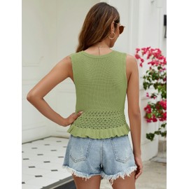 VIMPUNEC Womens Summer Crop Tank Tops Cute Knit Sweater Vest Crochet Sleeveless Pullover Top Light Green L