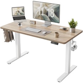 TIQLAB Standing Desk 47 x 24 inch, Electric Height Adjustable Desk with Splice Board, Stand Up Desk with Casters, Sit Stand Desk Computer Desk for Home Office, White Frame/Maple Top