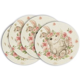 Artoid Mode Bunny Rabbit Flower Easter Placemats Set of 4, 15 Inch Spring Holiday Round Table Mats for Dining Decoration