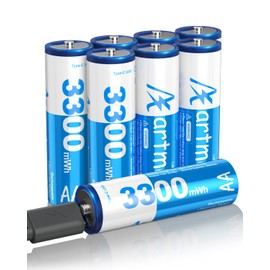 Artman USB Rechargeable AA Lithium Batteries, 1.5V 3300mWh Double A Batteries with 4-in-1 USB-C Charging Cable, Rechargeable Lithium AA Battery for Blink Camera, Remote Controller, Flashlight (8 Pack)