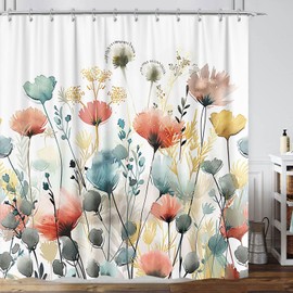 Rustic Boho Floral Shower Curtain, Bright Colorful Watercolor Flower Botanical Shower Curtain, Cute Minimalist Aesthetic Floral Bath Curtain with 12 Hooks, 72"×78" Blue Pink Sage Teal Cream Tan Grey