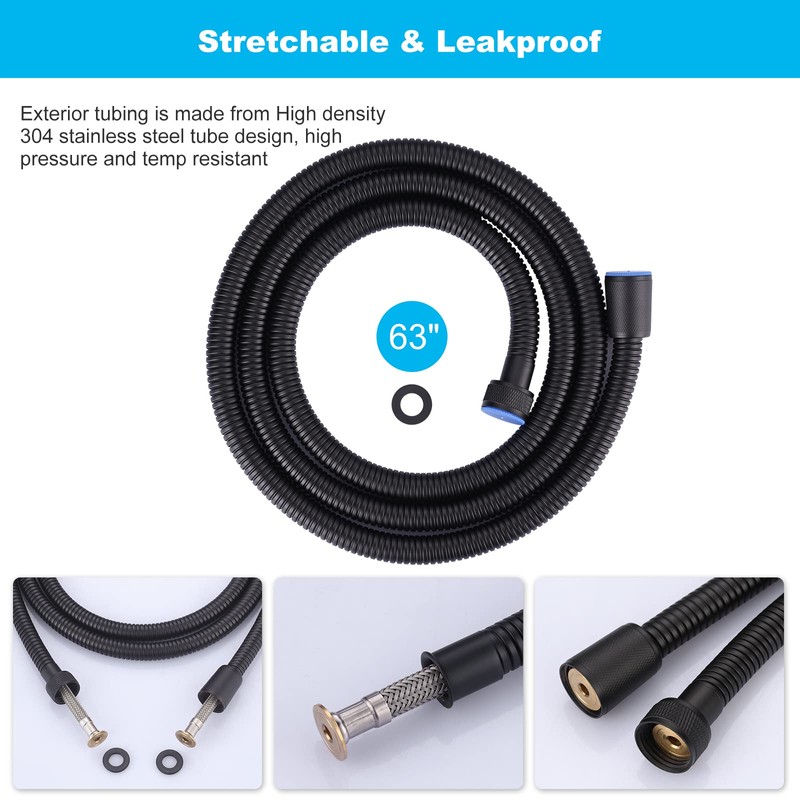 Aleasha Matte Black Finished Shower Hose, 63 Inches SUS 304