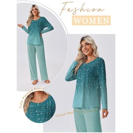 Ekouaer Womens Pajama Sets Pleated Tops with Long Pants Lounge Set Long Sleeve Fall Sleepwear Printed Ladies Pjs Green Leaves M