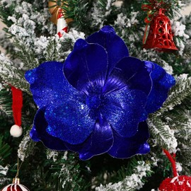 GL-Turelifes 10’’ Large Glitter Christmas Flowers 6 Pcs Artificial Magnolia Flower Ornaments Fold Floral for Christmas Tree Decorations Xmas Tree New Year Party Wedding Centerpiece (Blue)