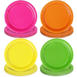Whaline 40 Pcs Neon Paper Plates 9 Inch Pink Orange Yellow Green Disposable Plates Bright Neon Party Tableware for Fiesta Bachelorette Birthday Table Decor Supplies