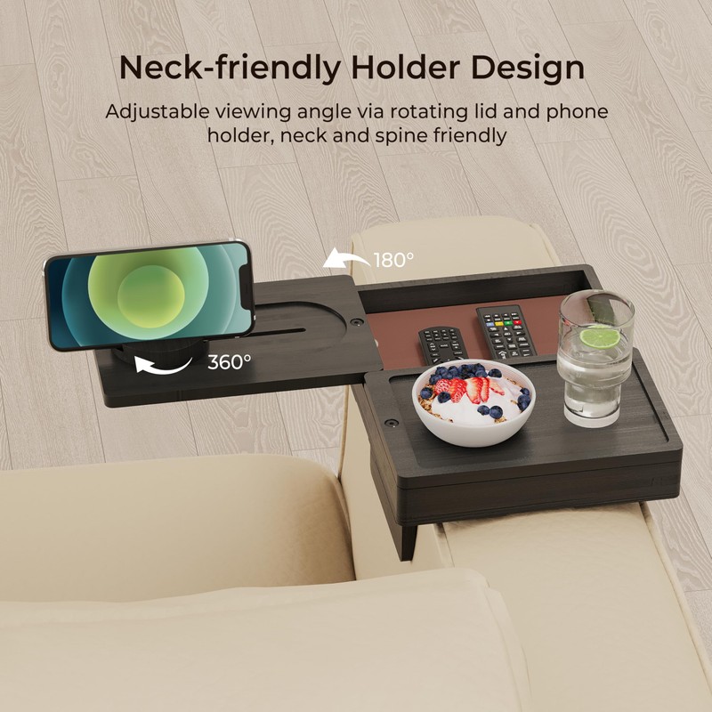 Wealone Black Couch Arm Tray with 2 Rotatable Tray, Adjustable