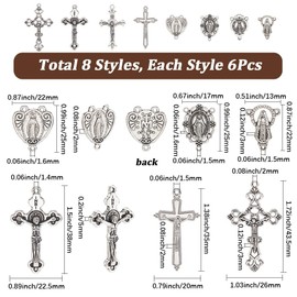 SUNNYCLUE 1 Box 48pcs 8 styles Easter Rosary Charms Metal Rosary Crucifix Bulk Assorted Tibetan Style Alloy Antique Silver Chandelier Link Connector Charm Pendants Bulk for Jewellery Making Adults