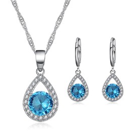 TOEECY Jewellery Set for Women Crystal Pendant Necklace Earring Set 925 Silver Cubic Zirconia Jewellery Set Gift for Wedding Bridal Bridesmaid (Blue)