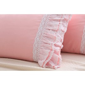 Meaning4 2-Pack Pink Pillow Shams Cases Covers with Ruffles and Lace Cotton King Size 20"X36"Soft Boudoir Luxurious