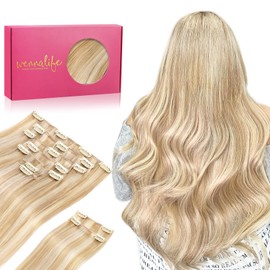 WENNALIFE Hair Extensions Clip In, 9pcs 18inch 150g Dirty Blonde Highlighted Bleach Blonde Thicker Clip In Hair Extensions Real Human Hair Remy hair extension Double Weft Clip in Human Hair Extensions