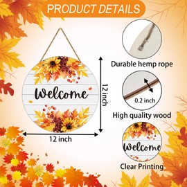 Fall Door Decor Maple Leaf Sunflower Berries Wall Decor Fall Welcome Sign Wooden Front Door Hanger for Autumn Thanksgiving Harvest Farmhouse Porch Indoor Outdoor Home Decorations