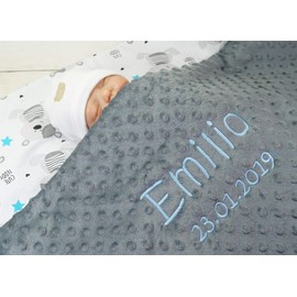 BotoBaby ★ Double Layer Baby Blanket with Name and Date Embroidered ★ Minky ★ Cotton ★ Filling ★ (Grey - Teddy Bears, 75 x 100 cm)
