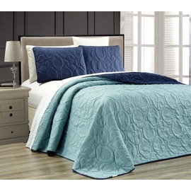 Grand Linen 3-Piece Tropical Coast Seashell Beach Queen/Full Oversize Oversize Bedspread Navy/Blue Reversible Coverlet Embossed Bed Cover Set. Sea Shells, Sea Horse, Starfish etc.