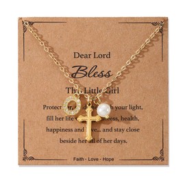 Initial Pearl Cross Necklace for Women Teen,First Communion Baptism Confirmation Birthday Easter Gifts for Her Goddaughter, Medium, Copper, No Gemstone