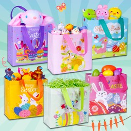 Happy Easter Gift Bags with Handles, Bunny Carrot Chick Designs, Reusable Non-Woven Treat Bags for Party Favors, Gift Wrapping, Easter Basket Container, 9.1×8.7×4.5 inch, 6-Pack
