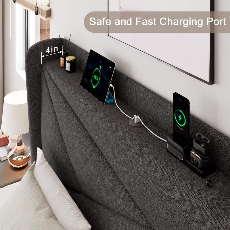 Einhomn Queen Size Upholstered Bed Frame with Charging Station, Platform