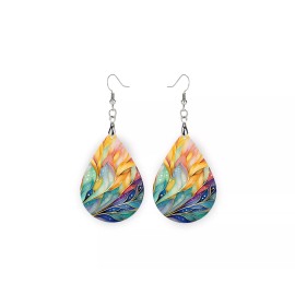 Twisted R Design Rainbow Palm Leaves Print Wood Dangle Teardrop Print Earrings Jewelry