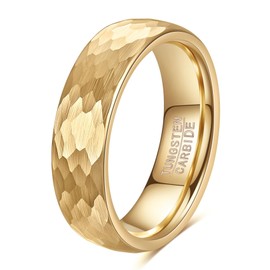 VQYSKO Hammered Tungsten Carbide Wedding Band Ring for Men Women | 4mm 6mm Black Silver Gold Hammered Wedding Engagement Band Ring Mens for Men Women | Matte Brushed Finish Comfort Fit Size 6-12 (6mm Gold, 10.5)