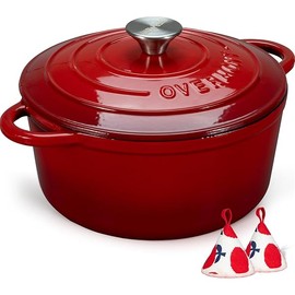 Overmont Enameled Cast Iron Dutch Oven - 5.5QT Pot with Lid Cookbook & Cotton Potholders - Heavy-Duty Cookware for Braising, Stews, Roasting, Bread Baking red