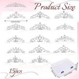 15 Pcs Tiaras for Women and Girls, Silver Metal Princess Crown Headbands, Glitter Rhinestone Tiara Hair Accessories, Brides Bridesmaids Tiaras Headbands with Storage Box for Weddings Birthday Proms