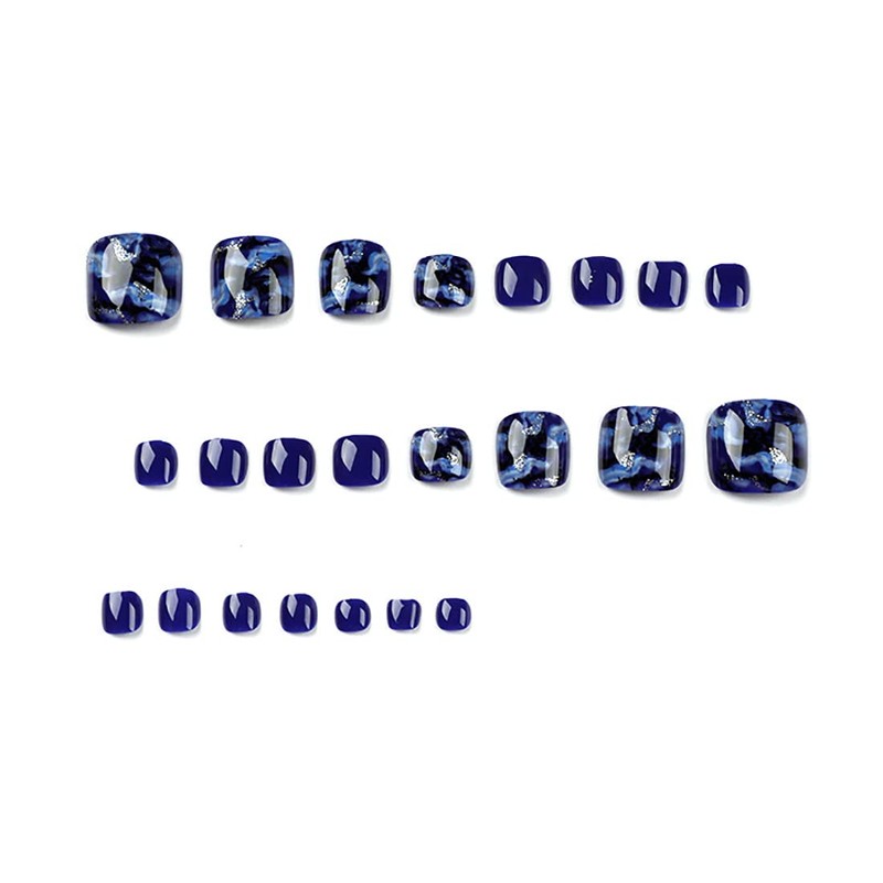 Glossy False Toenails 24PCS Blue Glitter False Toe Nails Full