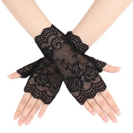 Uintoon Black Fingerless Lace Gloves for Women Short Black Lace Opera Wedding Tea Party 80s Prom Evening Party Goth Cosplay 1920s Costume Accessories Gloves for Women Girls