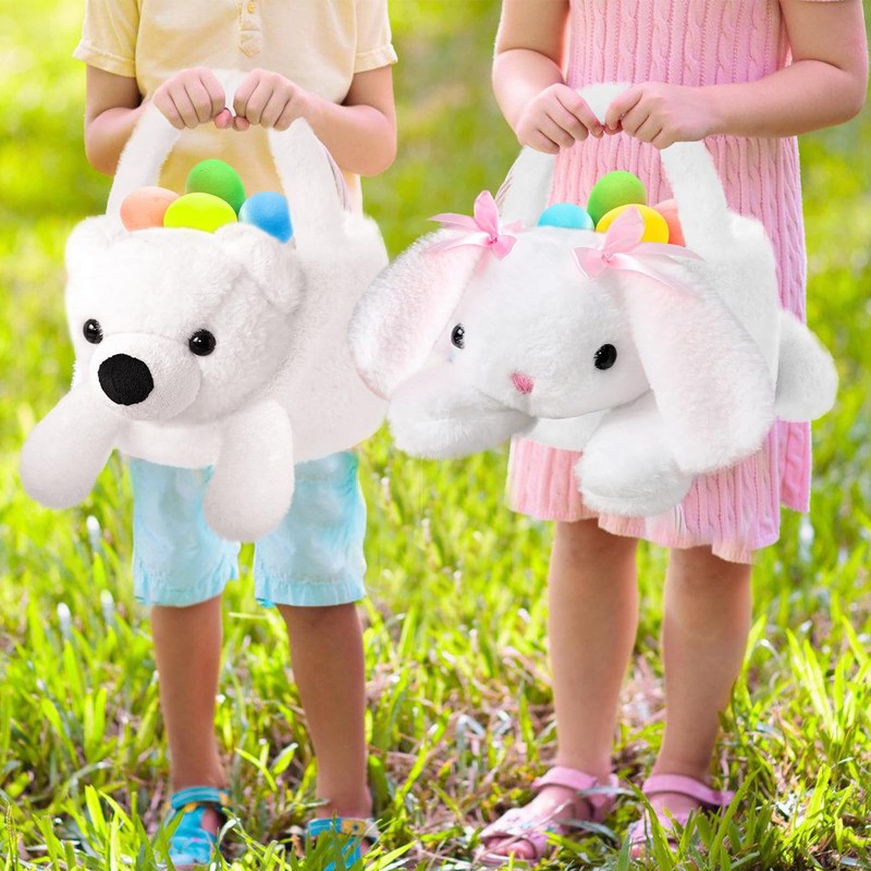 SilverChry Easter Bunny Basket for Egg Hunting, Rabbit Plush Basket,