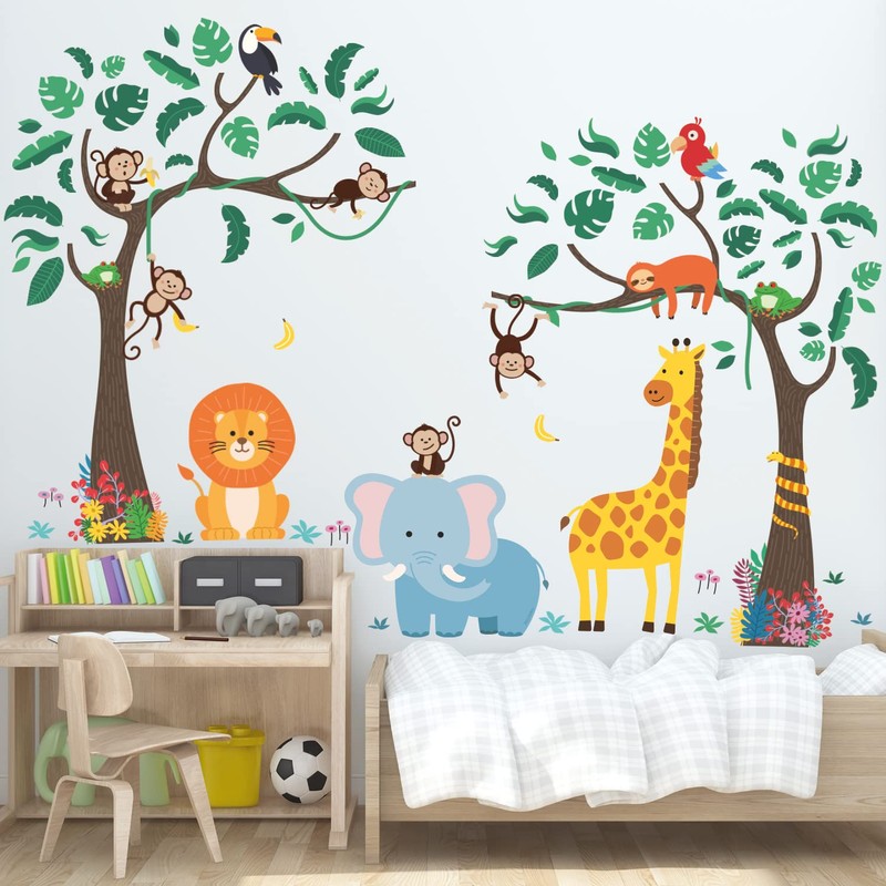 DECOWALL Jungle Trees and Animals Wall Sticker Decor Kindergarten Nursery